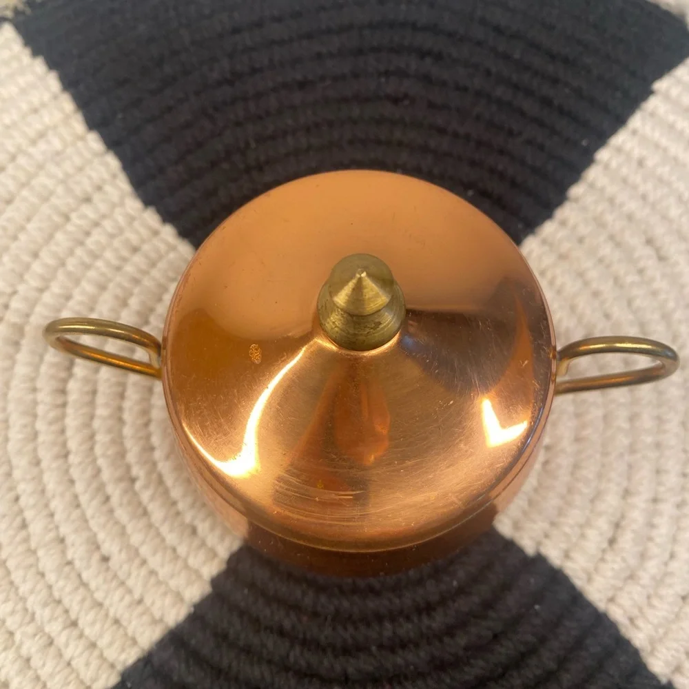 Vintage Copper Sugar Bowl with Brass Finial and Handles - Collectible